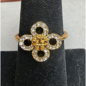 Tory Burch Kira Clover Pave Logo Ring Gold Plated Size 7 Signed NWT